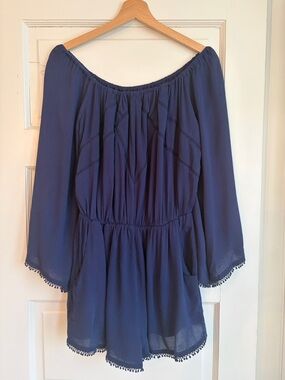 NWT Romeo and Juliet Couture Off-the-Shoulder Romper with Pom Trim Navy M